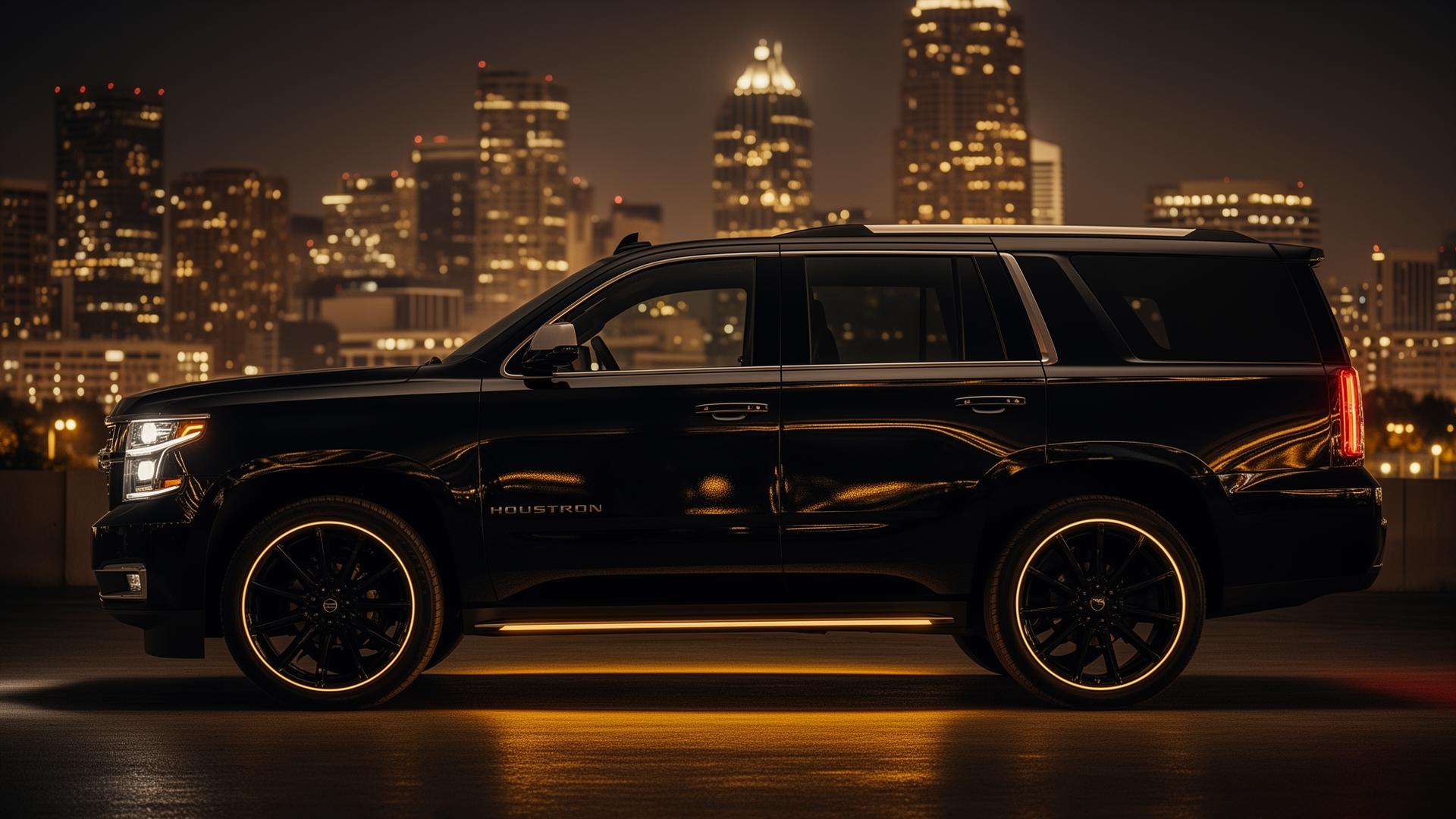 Luxury black Chevrolet Tahoe with gold accent lighting in front of the Houston skyline